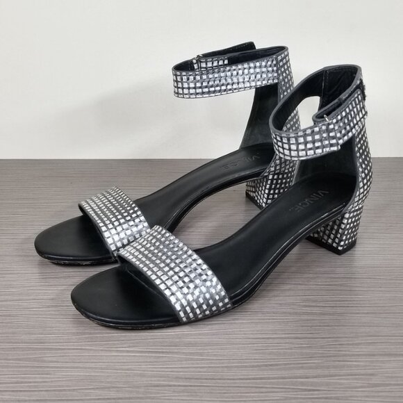 Vince Rita Ankle Strap Sandal, Black & White Metallic Leather, Womens Size 6.5 M - Picture 3 of 12